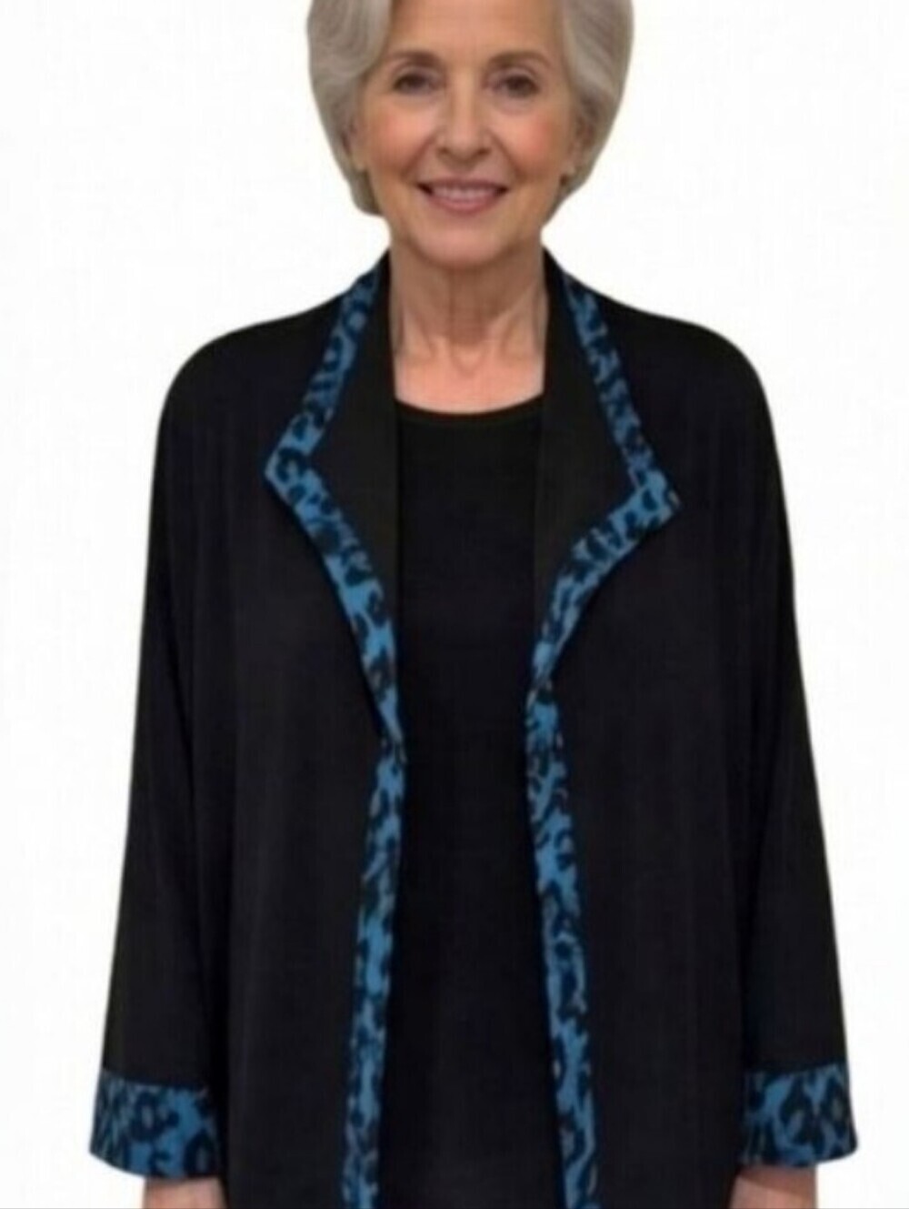 Alfred Dunner Black Blue Animal Print Açcent Open Front Cardigan Jacket Petite M